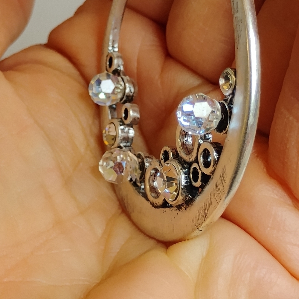 Macy's Sliver Tone Textured Necklace & AB Crystal Pendant - Picture 4 of 6